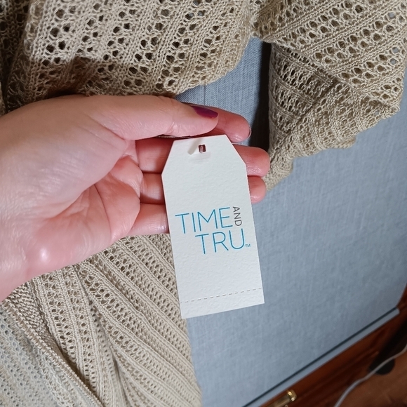 NWT Time & Tru XL Oversized Crochet Cardigan Sweater Open-Knit Tan Beige 3/4 Sle - Picture 7 of 7
